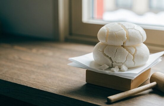 鏡開きを迎えたひび割れた鏡餅と木槌 冬の窓辺の正月行事