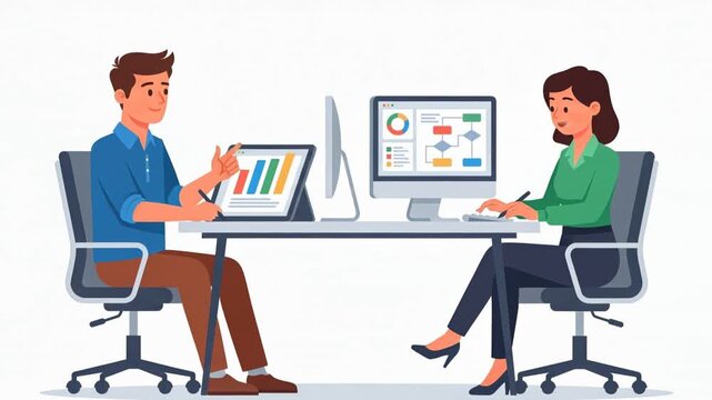 Flat vector illustration of a creative team collaborating in office, using computers and digital tools for data analysis, chart presentations, visualization, and strategic project planning, 4K video