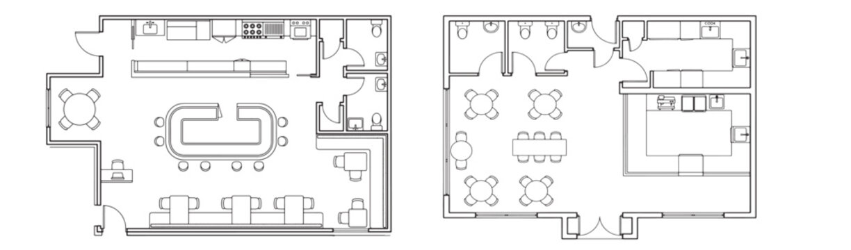 Restaurant and bar floor plan set with kitchen layout, seating arrangement, and restroom technical drawing vector blueprint