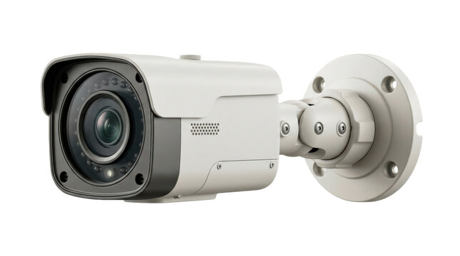 Security camera, single surveillance camera with compact housing, prominent lens and adjustable mounting body, photorealistic, front 3/4 view, horizontal orientation, ultra-high-resolution 8K
