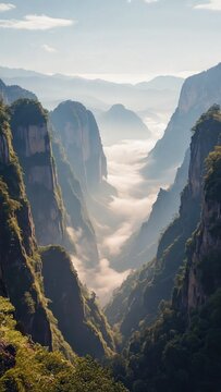 Deep canyon with fog and sunlight