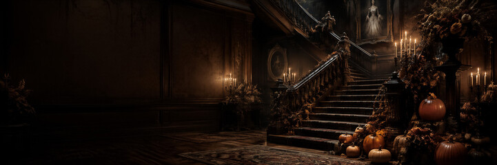 Obraz na płótnie Canvas Victorian gothic mansion staircase decorated with pumpkins for Halloween. Candlelit interior and ancestral portraits. Seasonal haunted house decor. Gothic architecture and Halloween