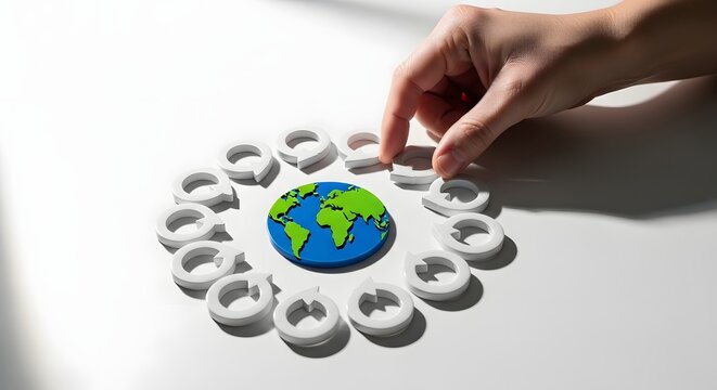 Hand placing a ring around a globe, symbolizing global connection, unity, and the formation of a sustainable network, highlighting international cooperation and environmental responsibility