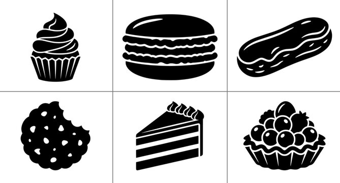 Dessert icons set with cupcake, macaron, eclair, cookie, cake slice and tart for bakery