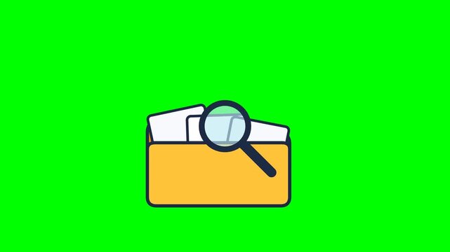Animated folder icon with white documents and magnifying glass searching files for data research document inspection green screen chroma key vector graphic.