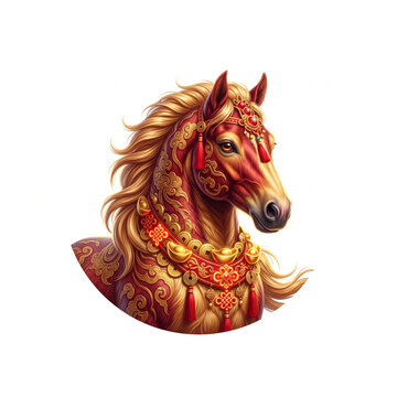 Chinese Zodiac Horse Bust with Gold Coins for 2027 Prosperity
