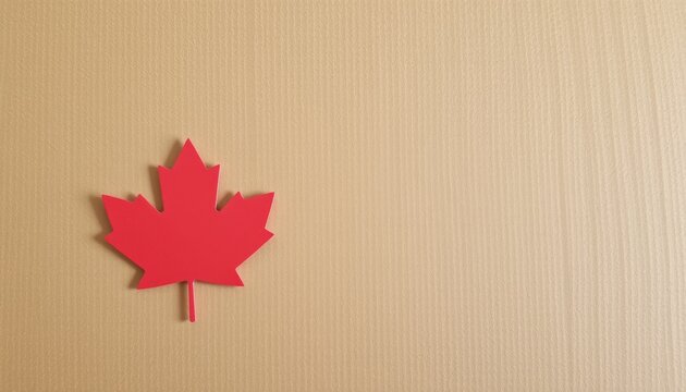 Red maple leaf cutout on textured beige background with ample space for text or design.
