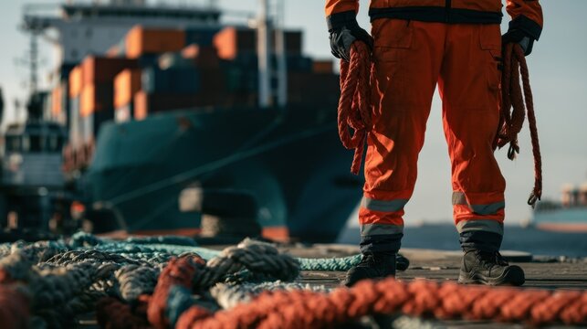 close up view of a dock worker standing on harbor pier holding heavy marine ropes with large cargo container ship docked in background at seaport for logistics maritime transport and trade concept