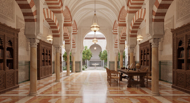 Moorish Cordoba Caliphate Arch Library Polychrome Voussoirs and Alabaster 3D Interior Design