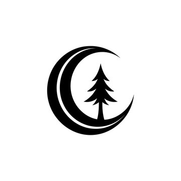 Minimalist crescent moon and pine tree logo icon, black nature symbol design element, forestry and outdoor adventure branding graphic, simple wilderness emblem