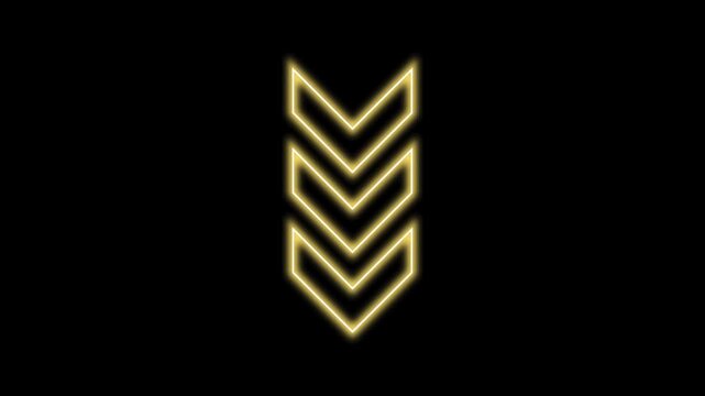 Animated yellow glowing neon triple down arrow icon on a black background, neon down arrow animation concept. 4k