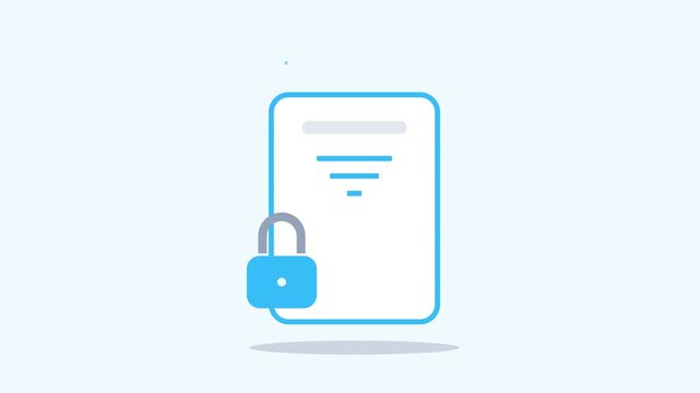 Animated icon of a secured document with lock and shield badge representing online data protection privacy legal compliance and confidential contract safety.