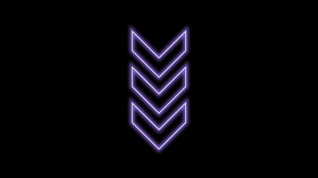 Animated purple glowing neon triple down arrow icon on a black background, neon down arrow animation concept. 4k
