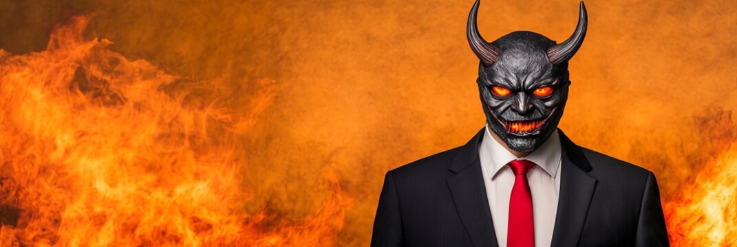 A business man wearing a demonic devil mask with horns and a sharp suit standing in a raging fire.