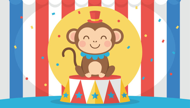 Cute cartoon monkey wearing a red top hat and sitting on a circus pedestal against a red and blue striped background with confetti.