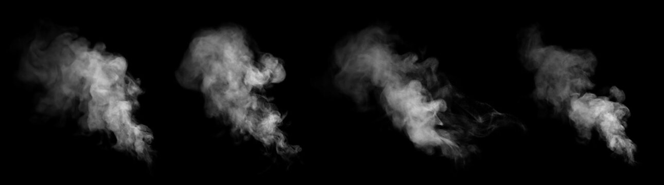 Set of white steam or smoke bursts and puffs isolated on a black background. Concept of vapor effects, abstract smoke textures, and dramatic visual overlay elements for design.