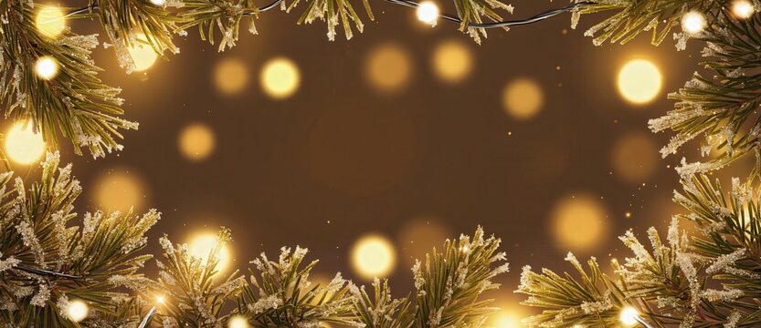 Golden holiday lights framed by evergreen branches