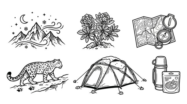 A detailed collection of wilderness exploration adventure icons featuring vector line art elements for camping and outdoor travel enthusiasts