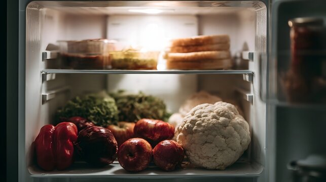 A well  ed refrigerator with fresh produce including s  cauliflower  and bell peppers arranged on shelves