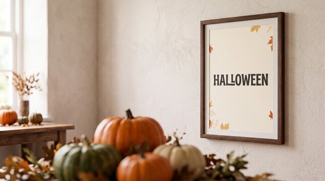 Halloween framed poster mockup with pumpkins on the table