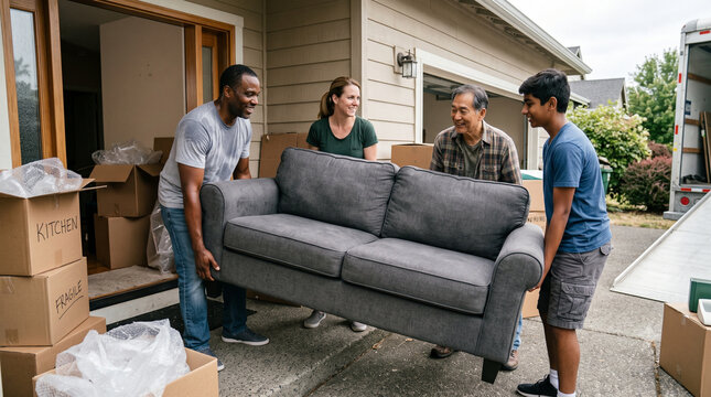 Diverse family carrying heavy sofa together on moving day.