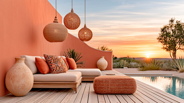 Luxury Afrohemian Outdoor Lounge at Desert Boutique Resort with Terracotta Architecture