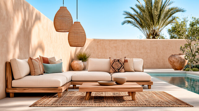 Luxury Afrohemian Outdoor Lounge at Desert Boutique Resort with Terracotta Architecture