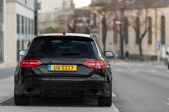 Nancy, France - November 12th 2020 : View on a black Audi RS4 Avant B8 parked on a street.