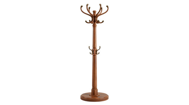 Coat rack &mdash; Photorealistic freestanding coat rack, tall wooden stand with curved hooks and stable circular base, elegant entryway furniture; front three-quarter view, crisp wood detail, ultra-detailed