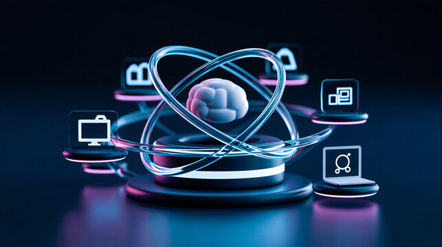 abstract AI product recommendation engine visualized as glowing interconnected product icons orbiting a central intelligent core, elegant data pathways, glassmorphism interface elements, dark navy