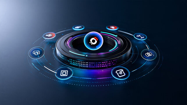 abstract AI product recommendation engine visualized as glowing interconnected product icons orbiting a central intelligent core, elegant data pathways, glassmorphism interface elements, dark navy