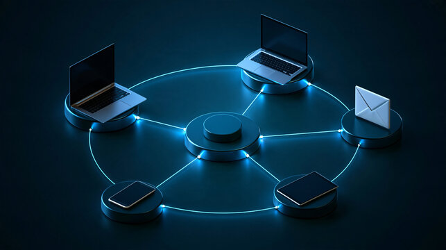 futuristic omnichannel marketing concept, interconnected smartphone, laptop, tablet, email envelope and retail touchpoints surrounding a central AI automation hub, luminous blue connection paths,