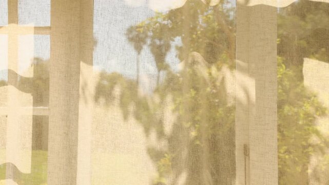 abstract of sunlight playing on bathroom window with shadow of trees swaying at sunset