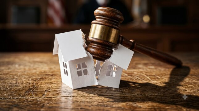 A wooden judge gavel smashes a small paper house in half on a rustic wooden table during a legal divorce proceeding, symbolizing the division of property and assets