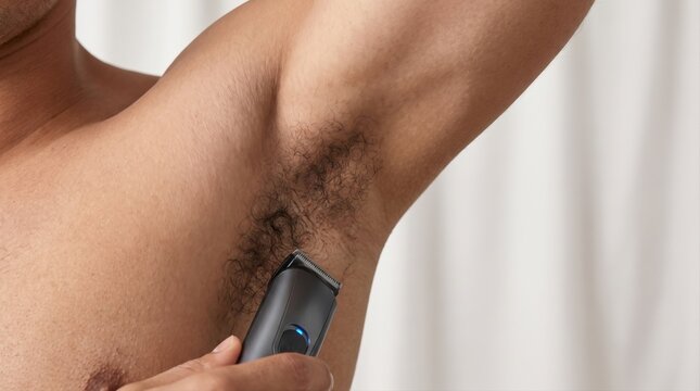 A close-up shot of a man using an electric trimmer to shave hair from his underarm in a bathroom.