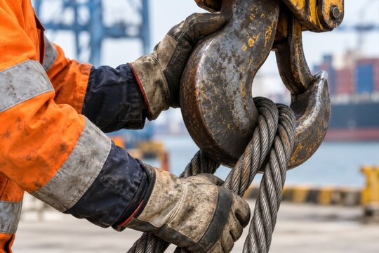 A construction worker in a high-visibility orange jacket adjusts a large heavy industrial crane hook.