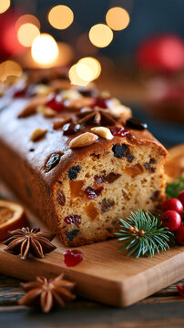 Festive Christmas fruitcake adorned with candied fruits and nuts, holiday decorations, with copy space