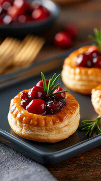 Plate of savory puff pastry appetizers generously filled with tart cranberry compote, with copy space