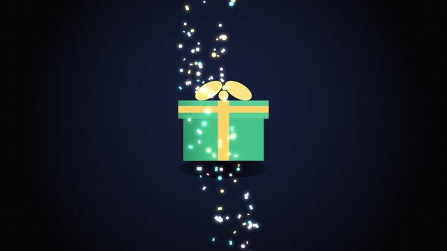 Festive gift box opening with colorful confetti explosion for