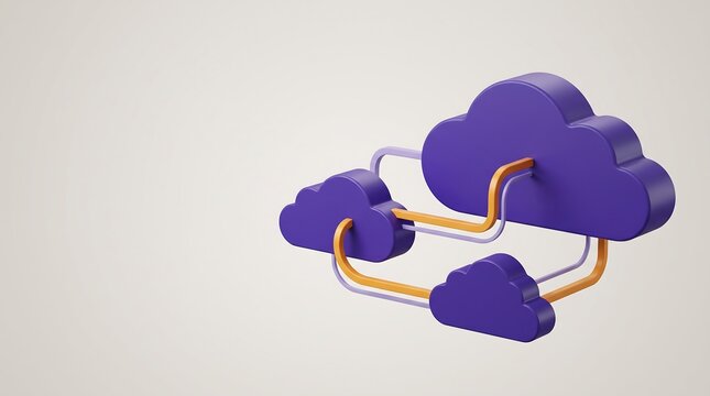 Three purple 3d cloud icons connected by golden lines representing cloud computing network and data synchronization