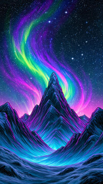 Comic book fantasy mountain landscape with icy peaks and vibrant aurora poster sky