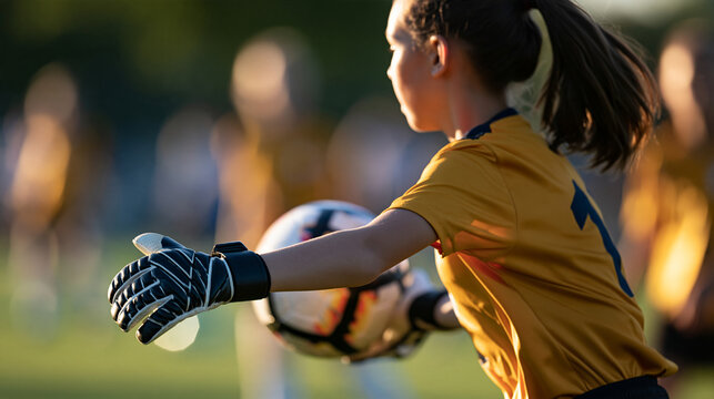 Faceless soccer girl playing as a goalie, youth female football team playing a tournament match, with copy space