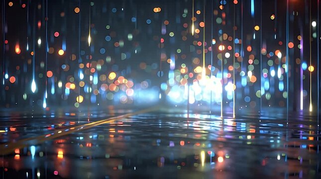 A captivating nightscape with vibrant bokeh lights, reflections, and flowing abstract lines