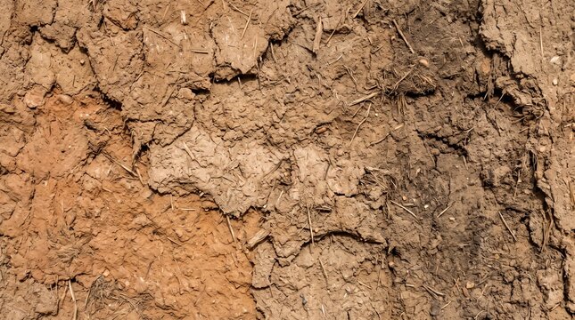 Natural sun-baked adobe wall texture background with rough mud and straw