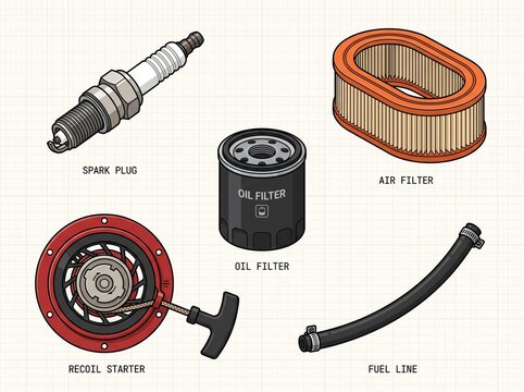 Set of essential small engine maintenance parts including spark plug