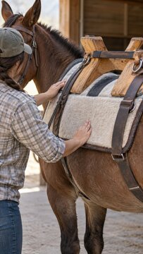 A person checks fleece padding beneath a wooden pack saddle on a bridled mule beside a barn, preparing its tack with careful attention