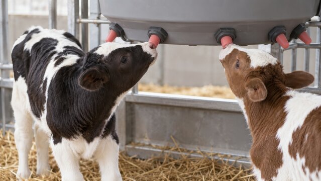Two calves drink from a shared feeder in a straw-bedded barn pen, each reaching a separate red nipple beneath the reservoir
