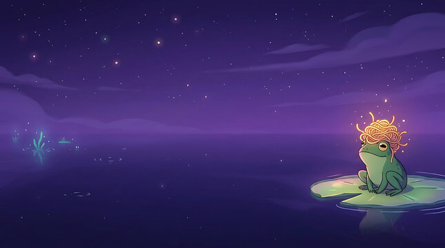 Magic cartoon frog with glowing crown sitting on a water lily leaf in a dark pond under starry night sky