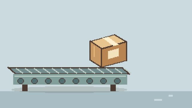 Pixel Art Cardboard Shipping Box Moving Along Industrial Conveyor Belt, Warehouse Logistics and Parcel Sorting Animation on Pastel Blue Background