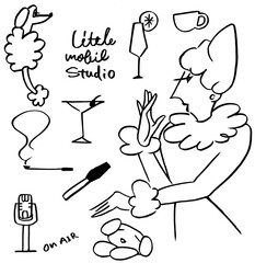 Elegant Woman in Profile with Poodle and Cocktail Elements, Black Ink Line Art © shichifuku catsura